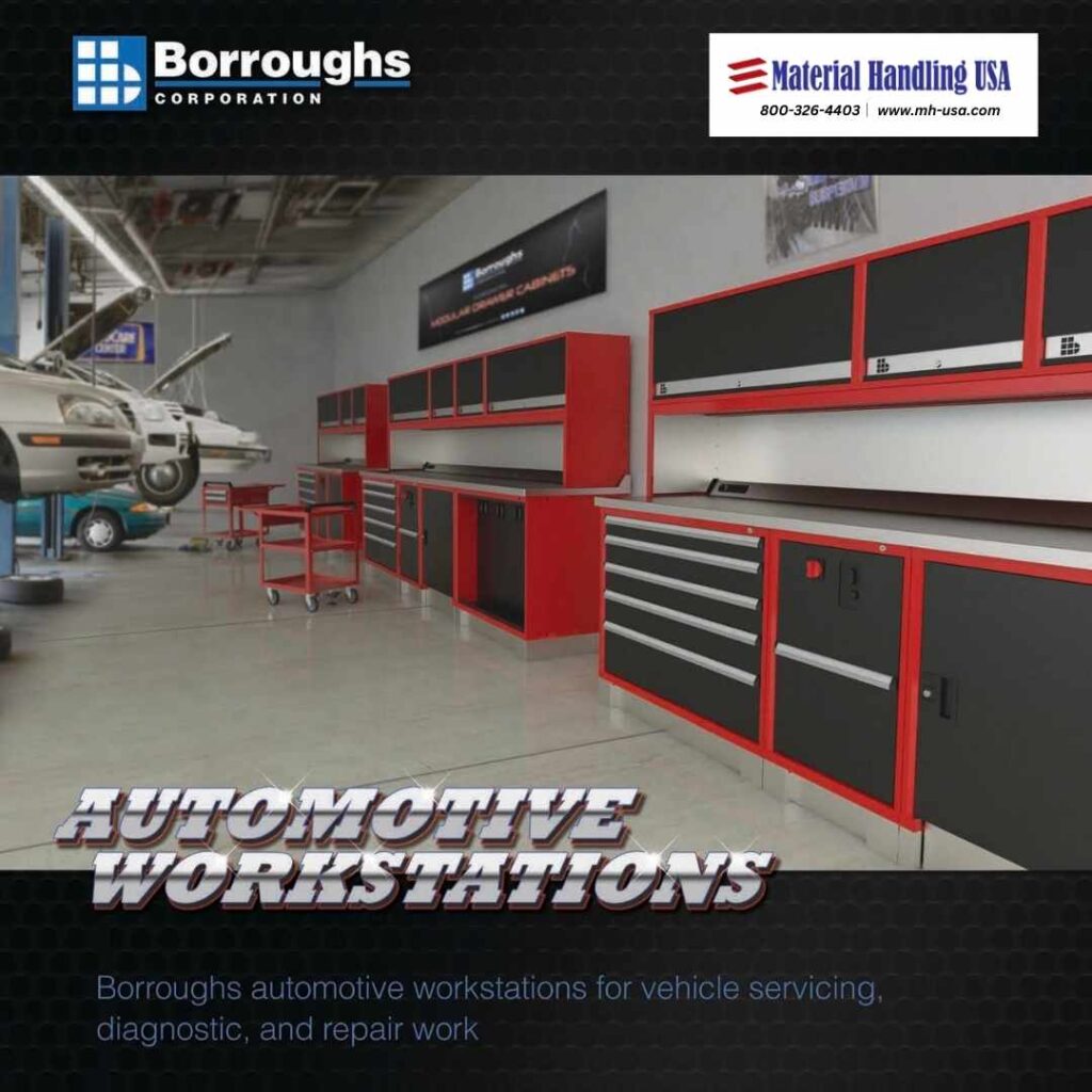 Automotive repair shop featuring Borroughs Shelving and red and black workstations. Overhead vehicles on lifts are visible. Text: Automotive Workstations, with company logos for Borroughs Corporation, Material Handling USA, and brochures available upon request.