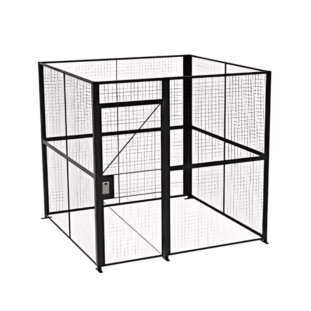 Wire cage with a black metal frame and transparent sections, often seen in government facilities. It includes a door secured with a latch. The cage has a simple, minimalistic design and appears suitable for containing small animals or items.