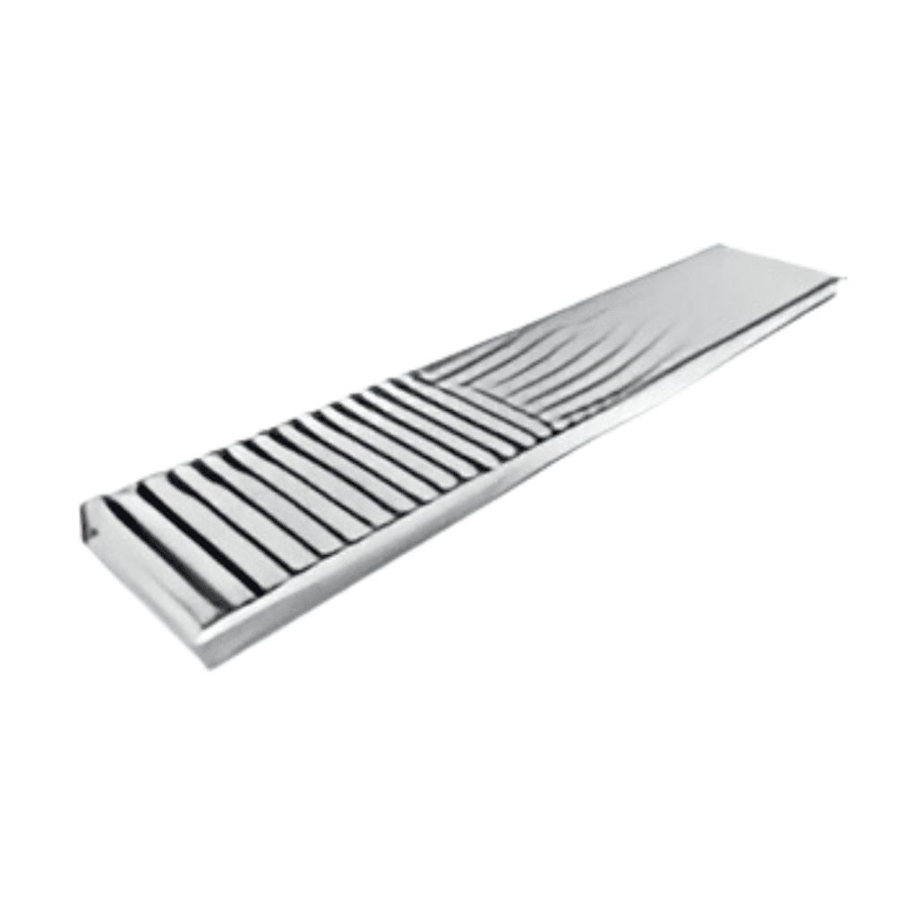 A long, rectangular metal ramp with a ribbed, non-slip surface resembles those found in conveyor systems. The design features parallel lines along one half of its length, while the other half remains smooth. The ramp is set against a white background.