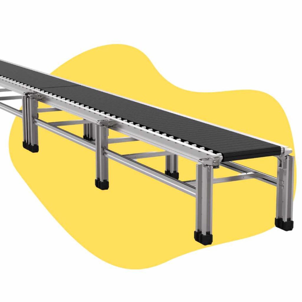 A sleek, black AmbaFlex Conveyor with a sturdy metal frame and support legs stretches elegantly from the foreground to the background. The scene is set against a backdrop featuring a wavy yellow shape, adding a touch of vibrancy to the industrial design.