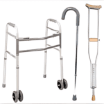 A healthcare mobility aid set featuring a walker with two wheels, a straight-handled walking cane with a rubber tip, and an adjustable forearm crutch. All items are metallic with gray and wooden accents.