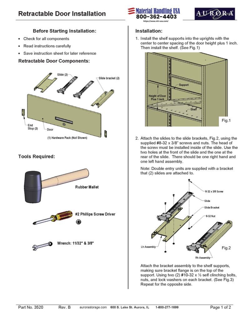 An instruction sheet for retractable door installation, featuring diagrams of door components and resembling shelving brochures in its clarity. It includes a step-by-step installation process, required tools (rubber mallet, screwdriver), safety notes, company branding, and contact info.