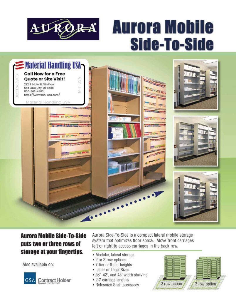 Explore the Aurora Mobile Side-To-Side storage system, where modular shelving adapts to your needs. With dynamic configurations, our efficient setups come alive in three compelling photos. Contact Material Handling USA for more info and browse our detailed shelving brochures today.