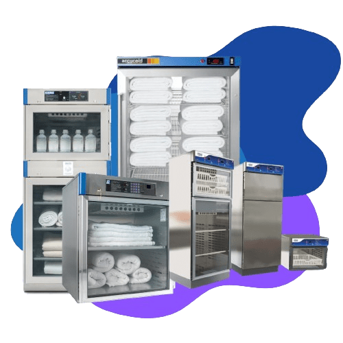 A collection of Accucold medical refrigerators and industrial warming solutions in various sizes=