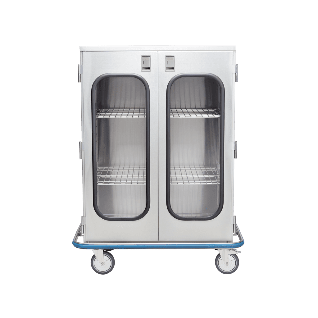 The Blickman stainless steel, double-door transport cart features four shelves and large clear windows. Equipped with a blue rubber bumper and four wheels, it ensures seamless mobility.