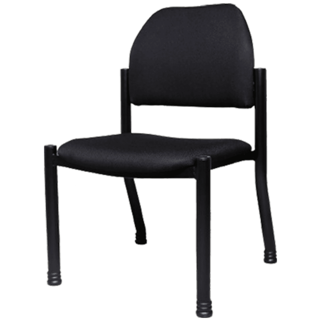 A simple Blickman chair featuring a black cushioned seat and backrest, elegantly supported by a sturdy metal frame with four legs.