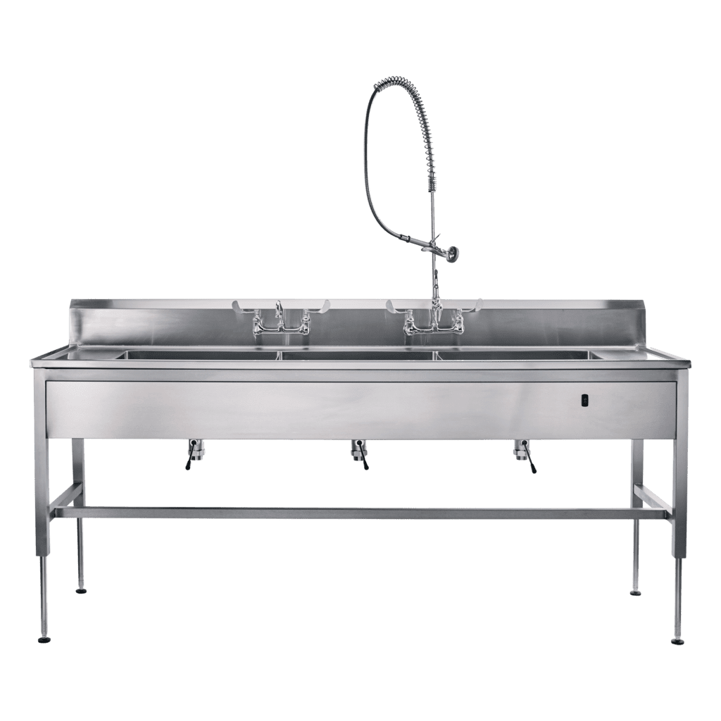 A large Blickman stainless steel commercial sink with a backsplash and a tall, flexible faucet. The sink features two basins and industrial-style handles, set against a plain, black background.