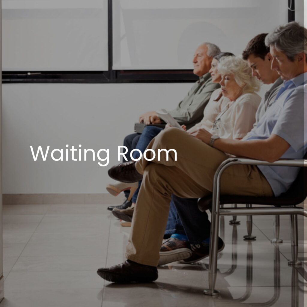 Five people are seated in a Blickman-furnished waiting room, with sunlight streaming through nearby windows. The group, a mix of men and women, appears relaxed, engaging with magazines or simply waiting. The words Waiting Room are visible on the image.