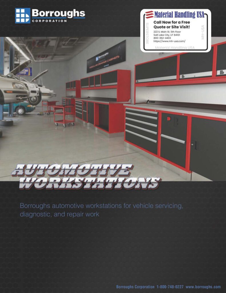 The image showcases a garage with red and black automotive workstations and tool chests with drawers. In the foreground, text promotes Borroughs automotive workstations for servicing and repair, while a Material Handling USA label sits top right, alongside neatly arranged shelving brochures.