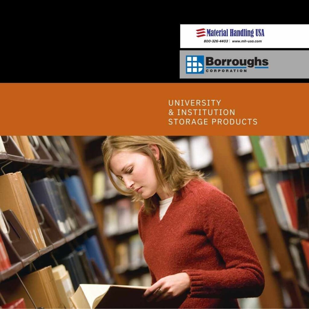 A person in a red sweater reads a book in a library aisle, surrounded by rows of shelves filled with books. At the top, logos for Material Handling USA and Borroughs Corporation highlight storage products. Discover more in our Borroughs Shelving brochures.
