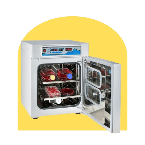 A microbiology incubator with a digital control panel and a partially open door reveals shelves lined with red and blue-capped containers, set against a vivid yellow background.