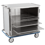 A stainless steel food transport cart with open doors showcases multiple wire and perforated shelves. Designed for healthcare facilities, the cart features four wheels for mobility and a protective blue bumper around the base.