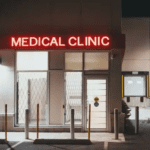 A neon-lit Medical Clinic sign glows above the glass door storefront at night, hinting at healthcare services within. Bollards stand guard, while metal security grates peek from behind the glass, reinforcing the closed clinic that’s softly illuminated by surrounding ambient light.