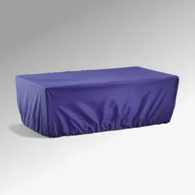 A rectangular table with a fitted, deep purple cloth elegantly sits against a gray backdrop, echoing the refined protection of Electro Kinetic Technologies Pony Express Weather Resistant Covers for motorized mail room carts (Part Number MMC-SM01).