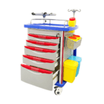 A healthcare crash cart with five red-handled drawers, a blue top, and wheels. It features a yellow waste bin on the side, a wire basket, and a mountable I.V. pole on top. Various medical supplies are visible.
