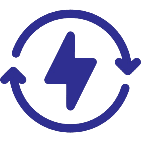 A blue lightning bolt symbol, encased in a circular arrow, embodies renewable energy or power recycling—a concept embraced by AmbaFlex Conveyors for streamlined efficiency.