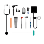 A collection of healthcare essentials, including a stethoscope, otoscope, reflex hammer, blood pressure monitor, thermometer, ophthalmoscope, tongue depressor, and various attachments, arranged neatly on a white background.