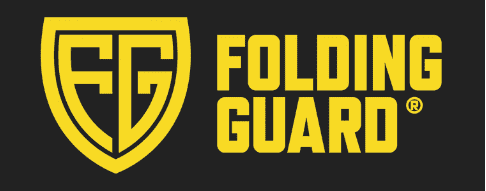 Yellow FG shield logo beside bold yellow text FOLDING GUARD® on a black background, representing quality and security in Pallet Rack Backing solutions.