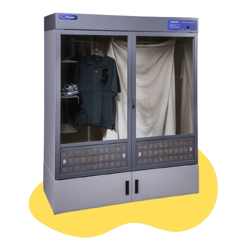 Large forensic drying cabinet with a transparent front, revealing clothes and shoes inside. The gray exterior features a digital control panel on top, designed for both efficiency and security. The cabinet stands on a yellow abstract shape, perfect for forensic evidence storage solutions.