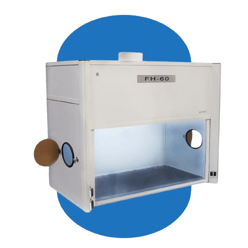 The laboratory fume hood, an advanced piece of fume hood technology with a white exterior labeled FH-60, features a transparent front panel and side openings. It stands against a blue oval backdrop, exemplifying modern laboratory safety equipment.