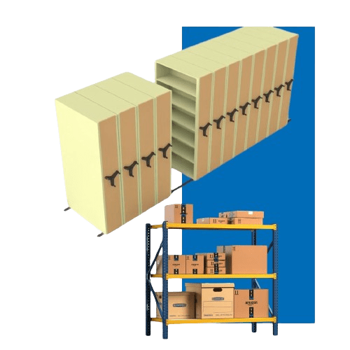 Two sets of tan and brown mobile storage cabinets with black handles are shown in the top portion, highlighting Federal Storage Solutions. Below is a blue and yellow metal shelving unit filled with various brown cardboard boxes. The background is blue.