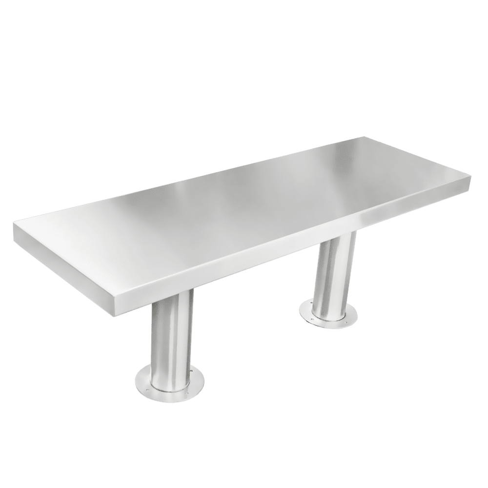 A sleek, modern stainless steel bench from Blickman features a smooth rectangular seat and two cylindrical metal legs. With its minimalist design and metallic finish, it is perfect for contemporary settings.