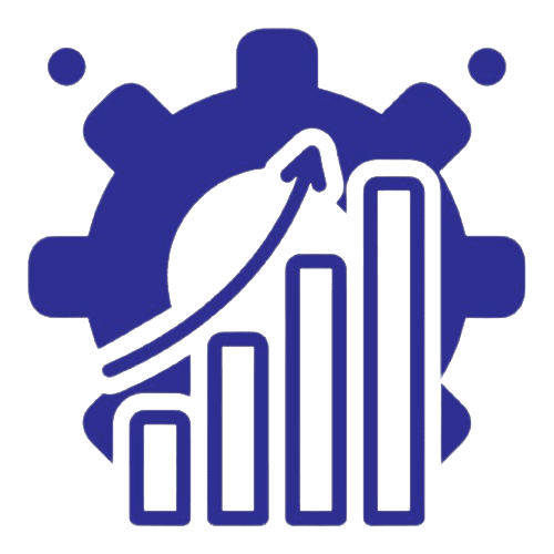 Blue icon of a bar graph featuring four bars rising from left to right, an upward-curving arrow sweeping over them, and a large gear in the background. This design evokes the growth and progress synonymous with AmbaFlex Conveyors.