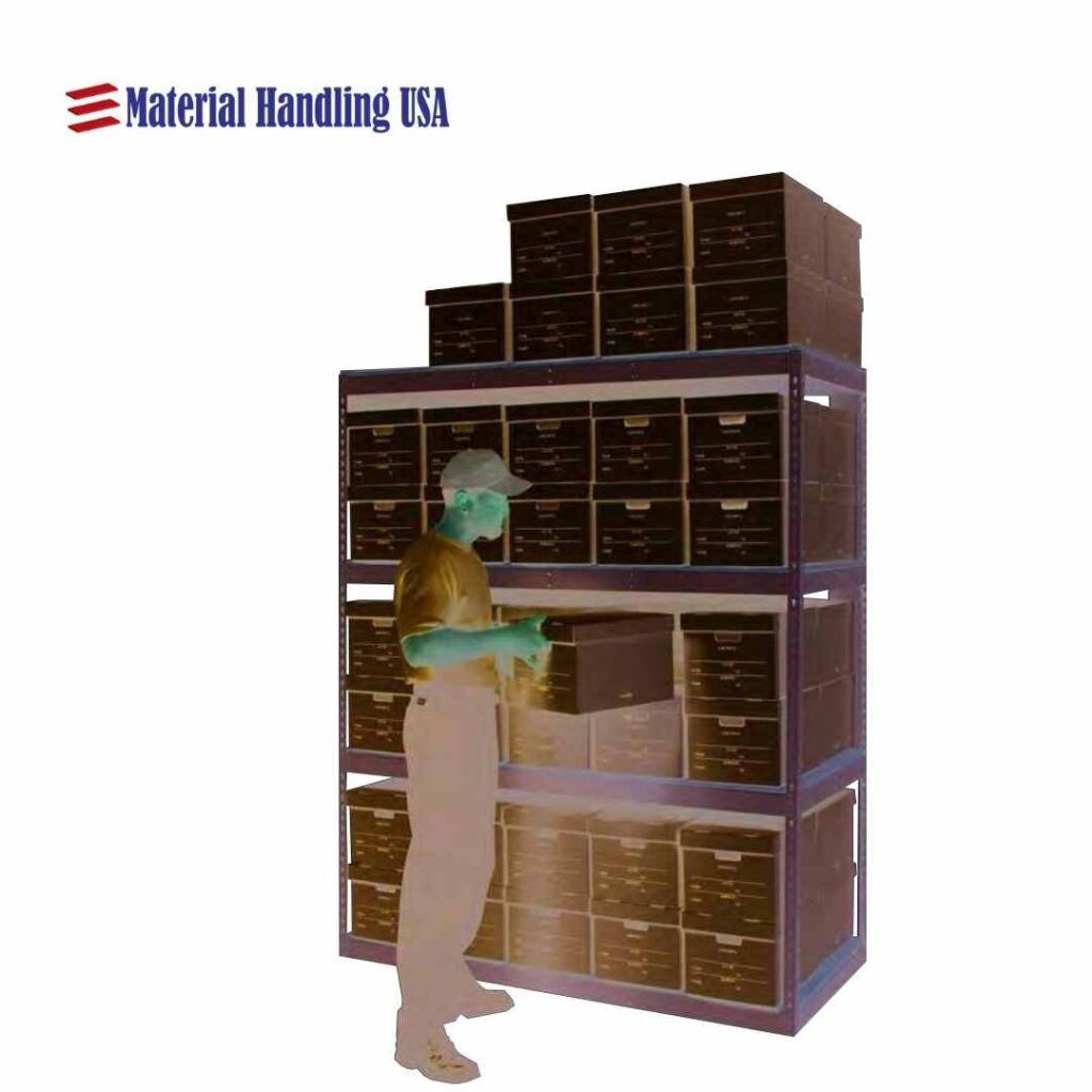 Negative image of a person placing a box on a shelf with stacked boxes, illustrating how Mobile High-Density Storage can maximize space efficiently. The words Material Handling USA are at the top left.