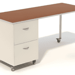 A desk with a brown rectangular tabletop and white drawers on the left side features two metallic handles and wheels for mobility. Ideal for healthcare settings, its simple, modern design ensures both functionality and style.