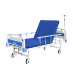 Hospital bed with a blue mattress and adjustable backrest, perfect for healthcare settings. It features side rails, four wheels, and an attached IV pole. The frame is white with blue accents.