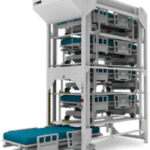 A vertical, automated storage system for hospital beds, tailored for the healthcare industry, features multiple stacked levels. The beds are lined with blue mattresses and framed by a white metal structure.
