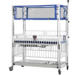 A healthcare essential, this hospital crib features metal bars and plastic panels on top. It boasts an adjustable height, blue padding, and a convenient IV pole on the side. The cribs wheels ensure easy mobility for caregivers.