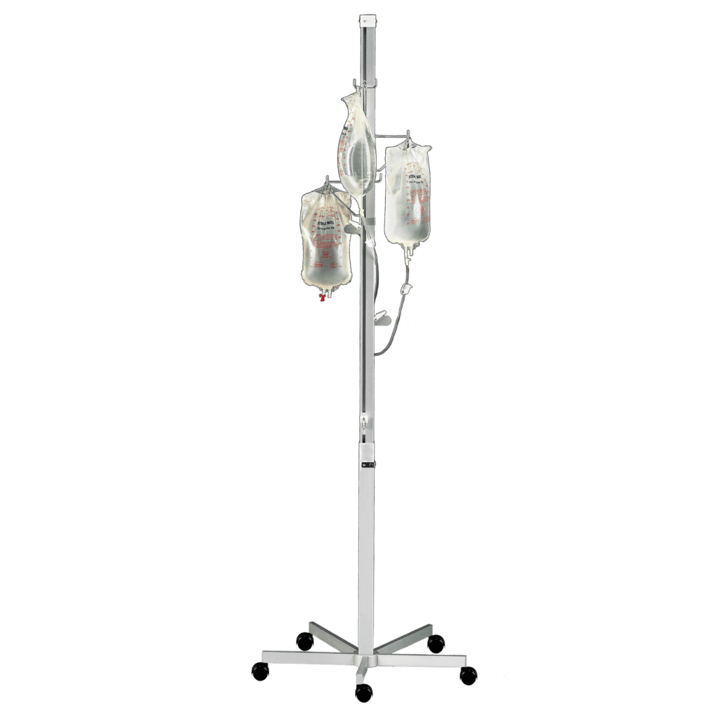 A Blickman IV stand with three hanging bags filled with liquid. The wheeled design ensures mobility, while adjustable height offers convenience. Tubing extends from the bags to a patient, all set against a pristine white background.