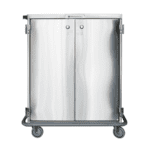Silver two-door stainless steel rolling cart with swivel wheels, perfect for healthcare settings. The polished, sleek surface and side handles ensure easy maneuvering for storage or utility needs.