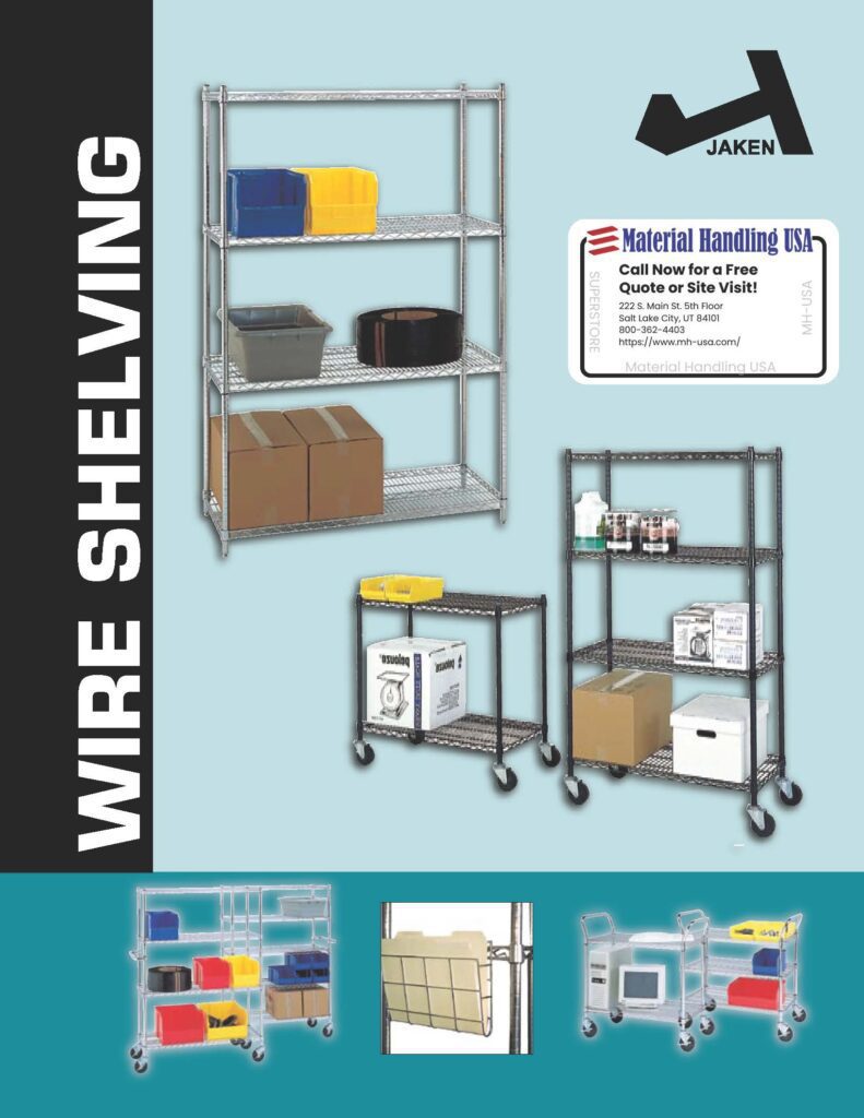 A catalog page showcasing various wire shelving units on wheels, with shelves holding boxes and containers. A label for Material Handling USA is displayed. Discover more in our Shelving Brochures and contact us for quotes or site visits today!.