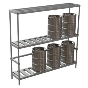 Metal shelving unit with three shelves ideal for food service. The middle and bottom shelves hold five metal barrels, perfect for storing bulk ingredients, two on the middle shelf and three on the bottom. The top shelf is empty, ready for your needs. The gray unit features a slotted design.