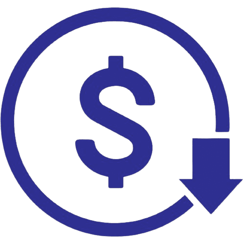 A blue circular arrow surrounds a dollar sign, with a downward-pointing arrow on the right side, symbolizing a decrease or refund, akin to how AmbaFlex Conveyors guide items smoothly through changes in direction.