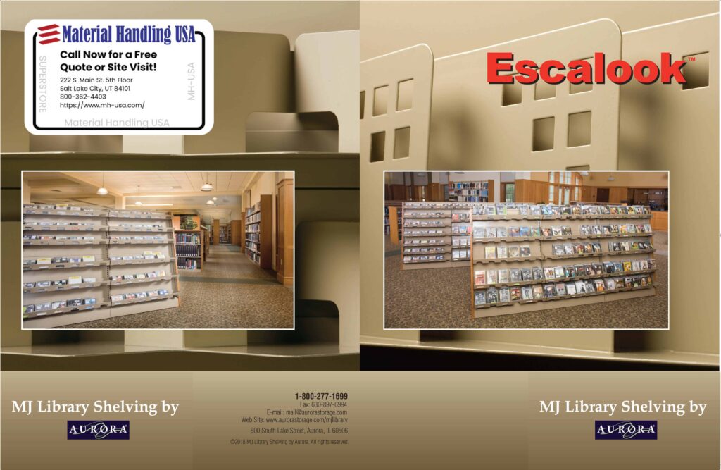 Library interior with wooden shelves filled with books and media. Two inset images on the left and right showcase different shelving angles, offering a glimpse into our versatile solutions. Escalook graces the top right. For more on shelving options, request our brochures at the contact info below.