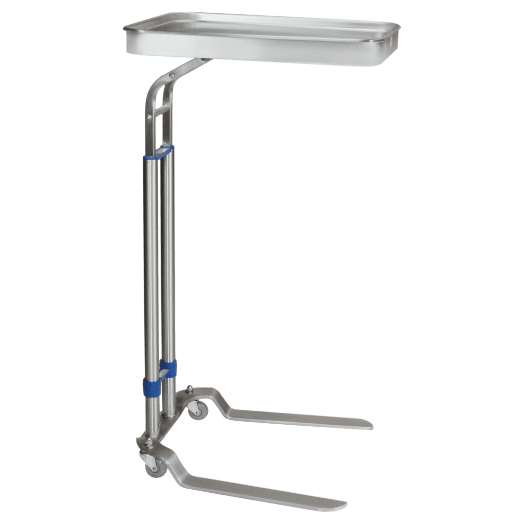 The Blickman stainless steel medical instrument stand features a rectangular tray atop adjustable legs with wheels, ensuring mobility and convenience in healthcare settings.