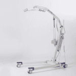 A white patient lift with an adjustable arm and sturdy base on wheels enhances healthcare by assisting in patient transfer. It features a control mechanism and supportive hooks for slings, set against a plain background.