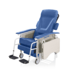 Healthcare blue medical reclining chair with armrests and wheels. It boasts a padded seat and backrest, adjustable leg supports, and a light beige panel on the side.
