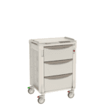 A healthcare medical cart with four caster wheels and three gray drawers on a white background. It features top handles, a flat surface, and red lock indicators for security.