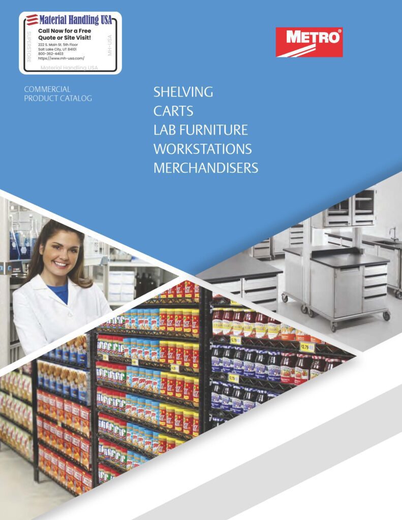 The image displays a commercial product catalog cover with shelving brochures, carts, lab furniture, workstations, and merchandisers. It features a woman in a lab coat with storage solutions and the logos of Material Handling USA and Metro against a blue backdrop.