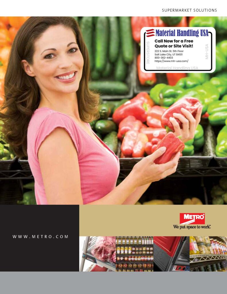 A woman in a pink shirt smiles while holding a red bell pepper in a grocery store. Behind her, vibrant bell peppers sit on neatly arranged shelving. Above, an advertisement for Material Handling USA catches the eye, with Metros logo and brochures beautifully displayed at the bottom.