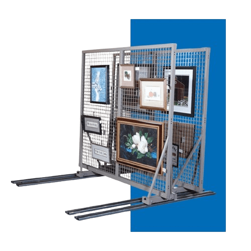 A mobile art storage rack on wheels features various framed paintings and sketches displayed on both side panels. The rack, akin to commercial mobile shelving units, is set against a blue background, showcasing floral and abstract artworks.