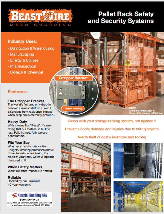 Promotional flyer for BeastWire Mesh Guarding showcases pallet rack safety and security systems. Includes images of warehouse racks, spotlighting the Grippper Bracket, with a section on industries like manufacturing and biotech. Discover more in our Material Handling Literature Gallery. Contact info below.