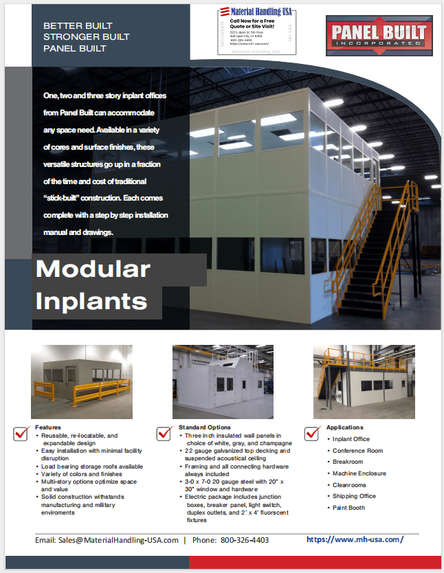 Discover Panel Builts modular inplants with our latest flyer. Explore highlights like reusability, easy relocation, and custom designs. Enjoy benefits such as controlled environments, code compliance, and flexible configurations, showcased with a two-story office image in our literature gallery.