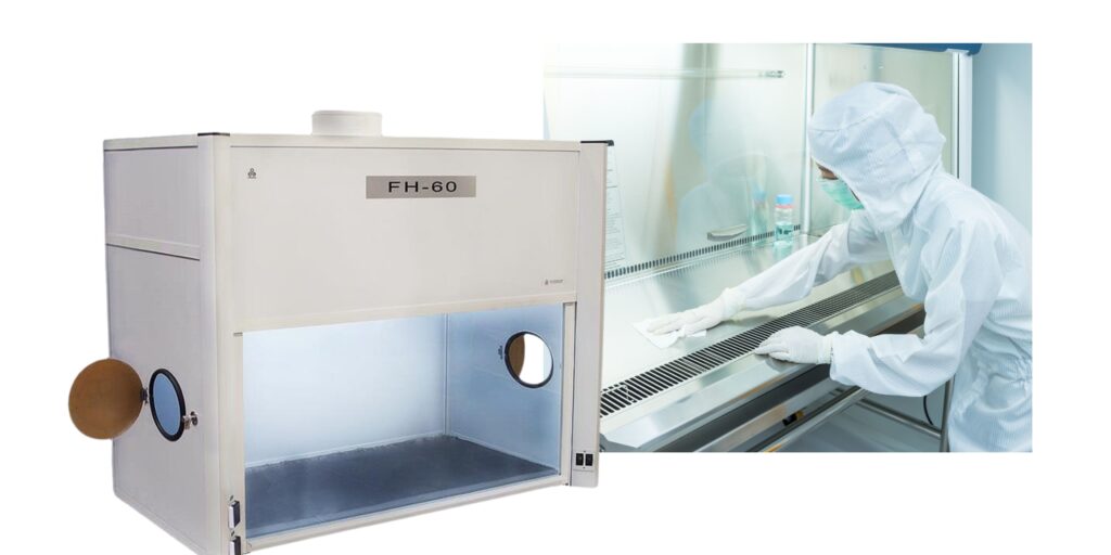 A laboratory technician wearing protective gear, including a mask and gloves, meticulously cleans a surface inside a ventilated lab cabinet. On the left, another model labeled FH-60 showcases advanced Fume Hood Technology.