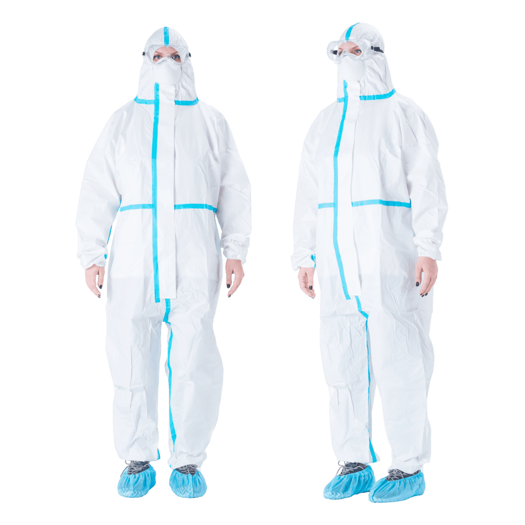 Two individuals, clad in Blickman white full-body protective suits with blue seams and hoods, face masks, and transparent goggles, stand against a plain white background. They complete their attire with blue shoe covers.