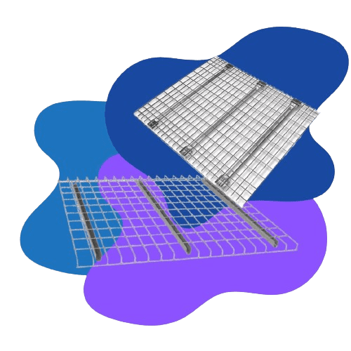 Heavy duty wire decking grids on abstract blue and purple backgrounds, showcasing their grid pattern and overlapping layers, perfect as warehouse rack accessories.